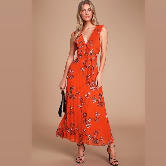 LULUS | Loved By You Red Orange Floral Print Long Pleated Chiffon Maxi Dress - Picture 5 of 13
